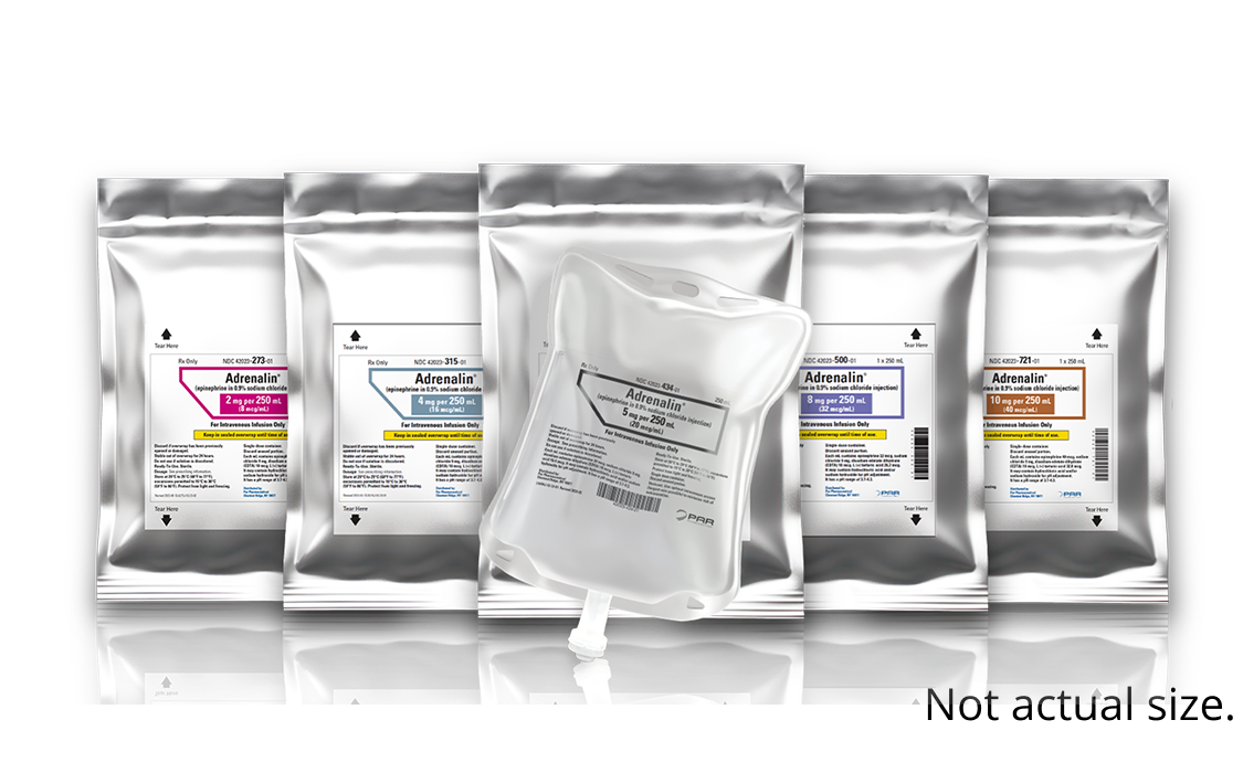 Adrenalin<sup>®</sup> product image in 2-mg, 4-mg, 5-mg, 8-mg, and 10-mg concentrations